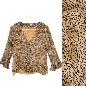 Edward Silk Animal Print Ruffle Layered
Button Up Blouse